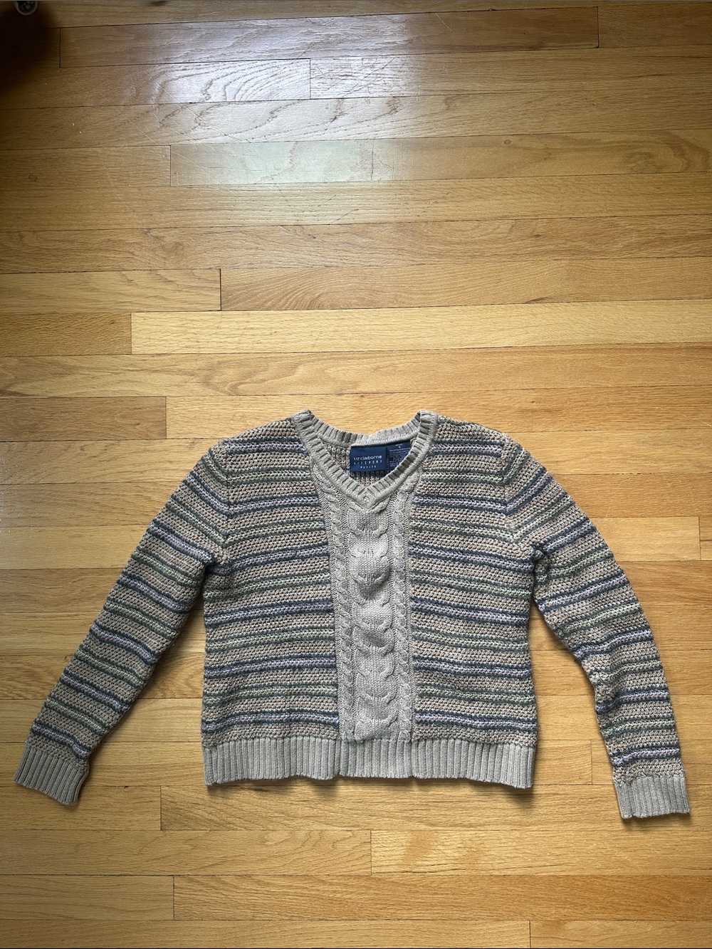 Liz Claiborne Tan Multicolor Striped V-Neck Cable Knit Sweater